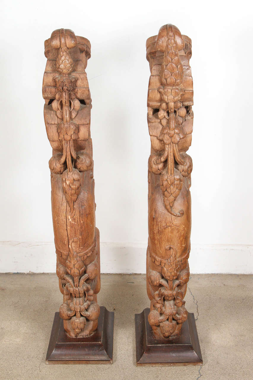 Pair of Antique Indian Carved Wood Architectural Temple Fragments on Stands