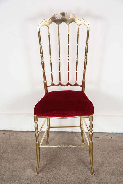 Chiavari Polished Brass Side Chairs with Red Velvet, Italy, 1960
