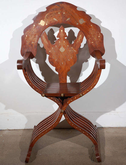 Moorish Anglo Indian Armchair, Brass Inlaid, Hand-Crafted, 1950, Syria