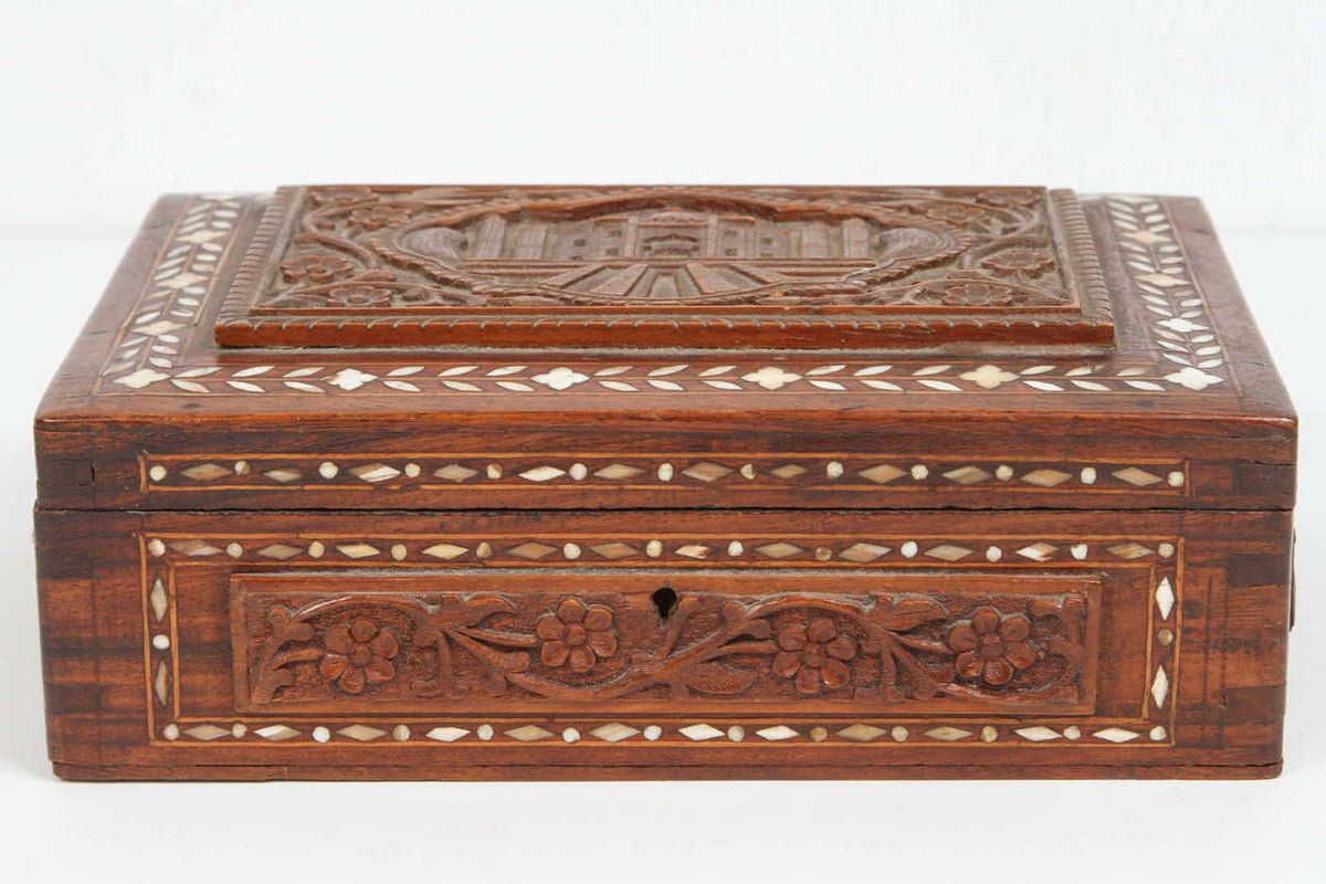 19th Century Anglo-Indian Mughal Jewelry Box, Hand-Carved Sandalwood