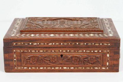 19th Century Anglo-Indian Mughal Jewelry Box, Hand-Carved Sandalwood