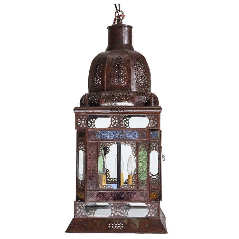 Moroccan Handcrafted Metal and Glass Lantern, Bohemian Style, 1980