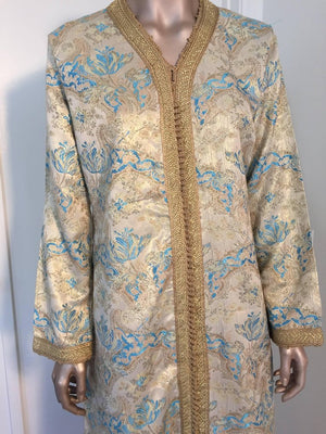 Moroccan Caftan, Turquoise and Gold Brocade Kaftan Size M to L