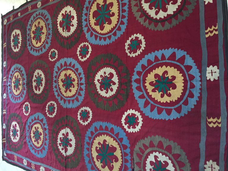 Large Vintage Uzbek Suzani Needlework Textile Blanket or Tapestry