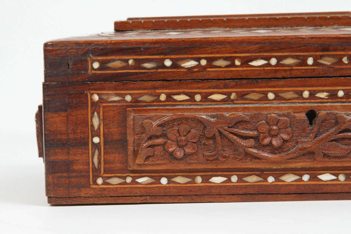 19th Century Anglo-Indian Mughal Jewelry Box, Hand-Carved Sandalwood