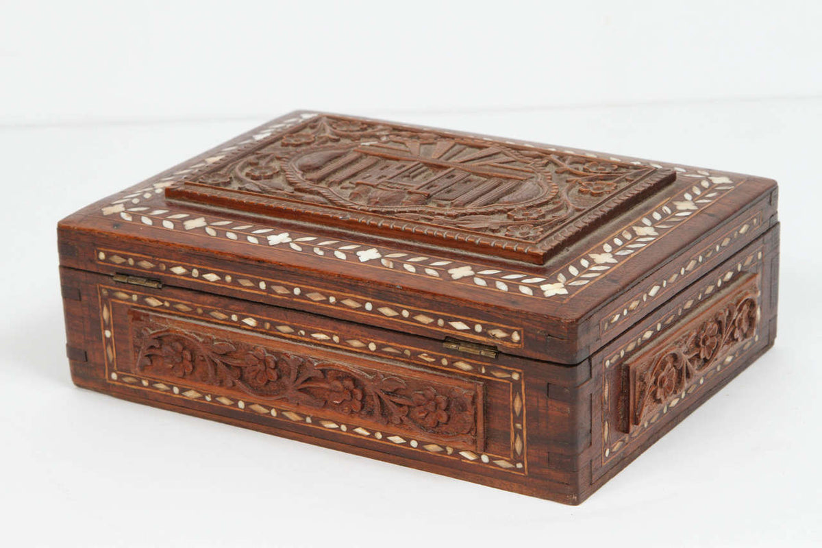 19th Century Anglo-Indian Mughal Jewelry Box, Hand-Carved Sandalwood