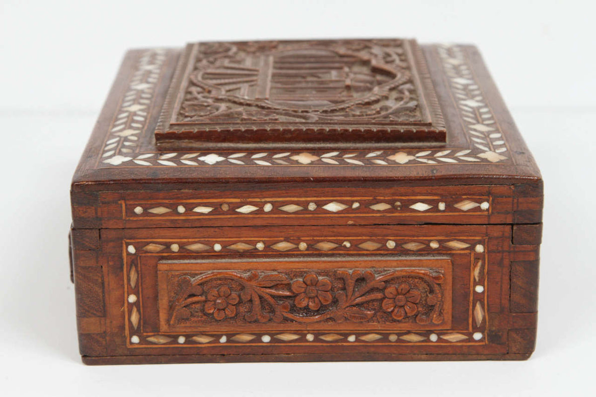19th Century Anglo-Indian Mughal Jewelry Box, Hand-Carved Sandalwood