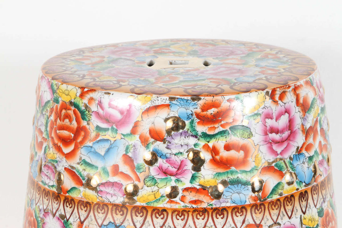 Japanese Pink Ceramic Garden Seat with Lucky Coins