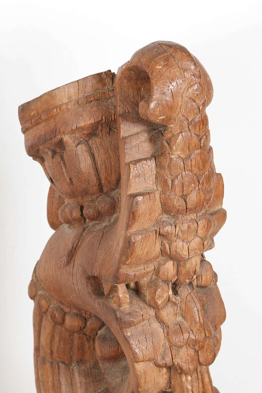Pair of Antique Indian Carved Wood Architectural Temple Fragments on Stands