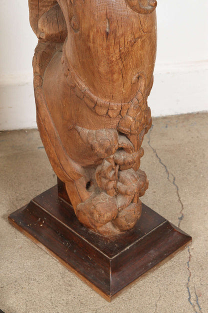 Pair of Antique Indian Carved Wood Architectural Temple Fragments on Stands