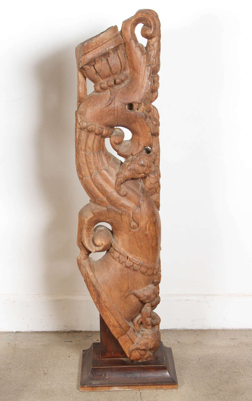 Pair of Antique Indian Carved Wood Architectural Temple Fragments on Stands