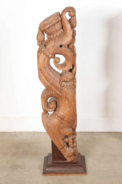 Pair of Antique Indian Carved Wood Architectural Temple Fragments on Stands