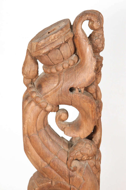 Pair of Antique Indian Carved Wood Architectural Temple Fragments on Stands