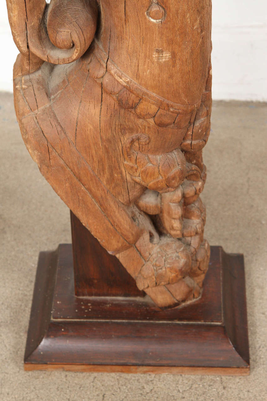 Pair of Antique Indian Carved Wood Architectural Temple Fragments on Stands