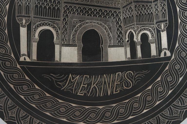 Moroccan Hand Chased Black Metal Tray in Moorish Style, 20th Century