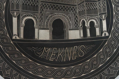 Moroccan Hand Chased Black Metal Tray in Moorish Style, 20th Century