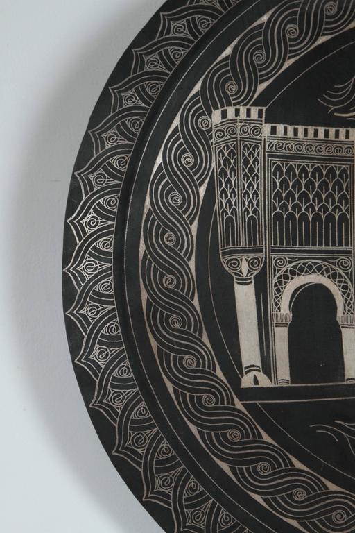 Moroccan Hand Chased Black Metal Tray in Moorish Style, 20th Century