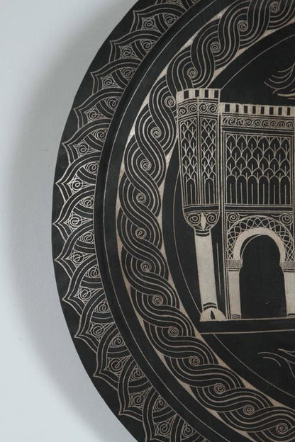 Moroccan Hand Chased Black Metal Tray in Moorish Style, 20th Century
