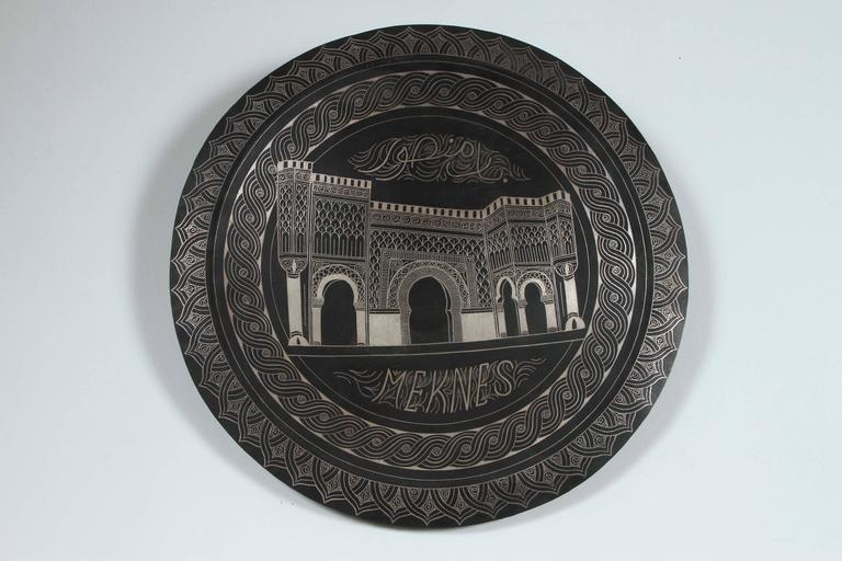 Moroccan Hand Chased Black Metal Tray in Moorish Style, 20th Century