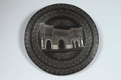 Moroccan Hand Chased Black Metal Tray in Moorish Style, 20th Century