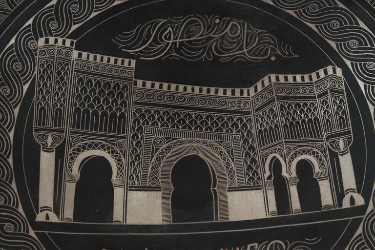 Moroccan Hand Chased Black Metal Tray in Moorish Style, 20th Century