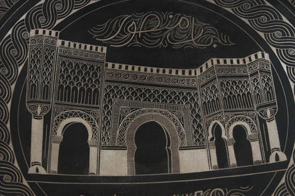 Moroccan Hand Chased Black Metal Tray in Moorish Style, 20th Century
