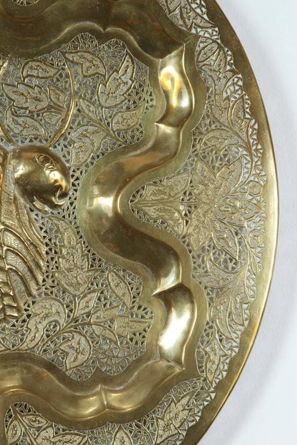 Anglo Raj Hand-Hammered Brass Tray with Cow Design, Late 20th Century