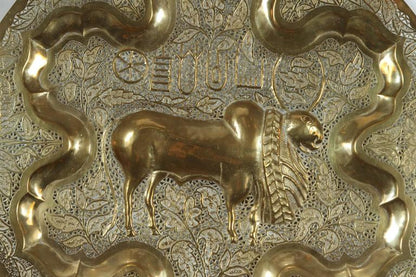 Anglo Raj Hand-Hammered Brass Tray with Cow Design, Late 20th Century
