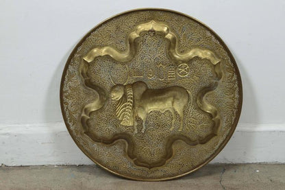 Anglo Raj Hand-Hammered Brass Tray with Cow Design, Late 20th Century