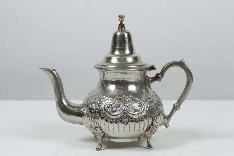 Moorish Silver Plated Tea Pot, Handcrafted Brass, Morocco, 1940