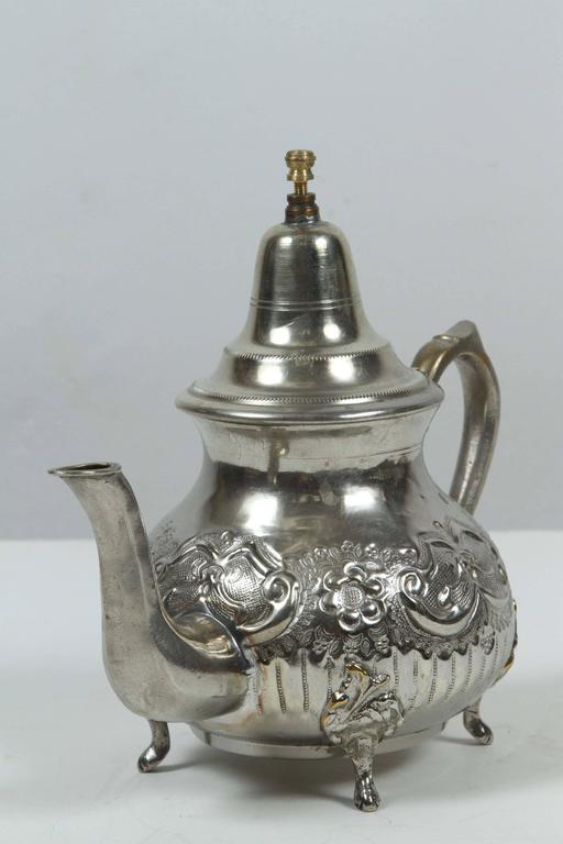 Moorish Silver Plated Tea Pot, Handcrafted Brass, Morocco, 1940