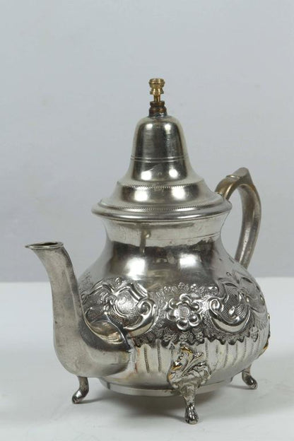 Moorish Silver Plated Tea Pot, Handcrafted Brass, Morocco, 1940