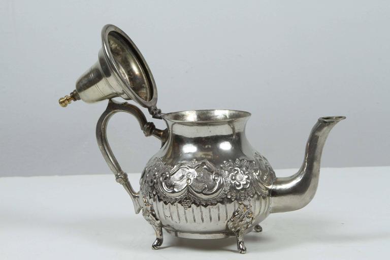 Moorish Silver Plated Tea Pot, Handcrafted Brass, Morocco, 1940
