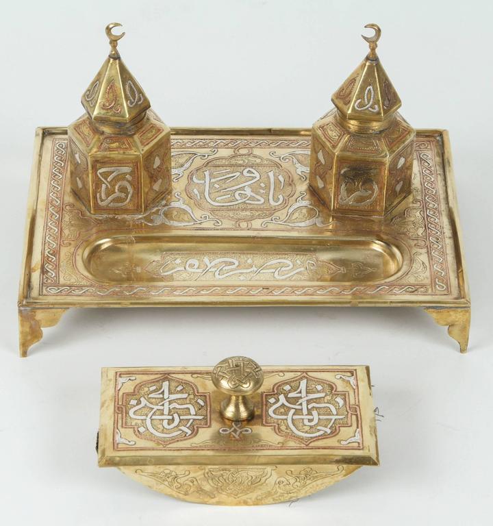 Polished Brass Islamic Moorish Style Desk Inkwells Set