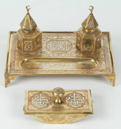 Polished Brass Islamic Moorish Style Desk Inkwells Set