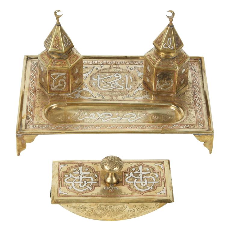Polished Brass Islamic Moorish Style Desk Inkwells Set