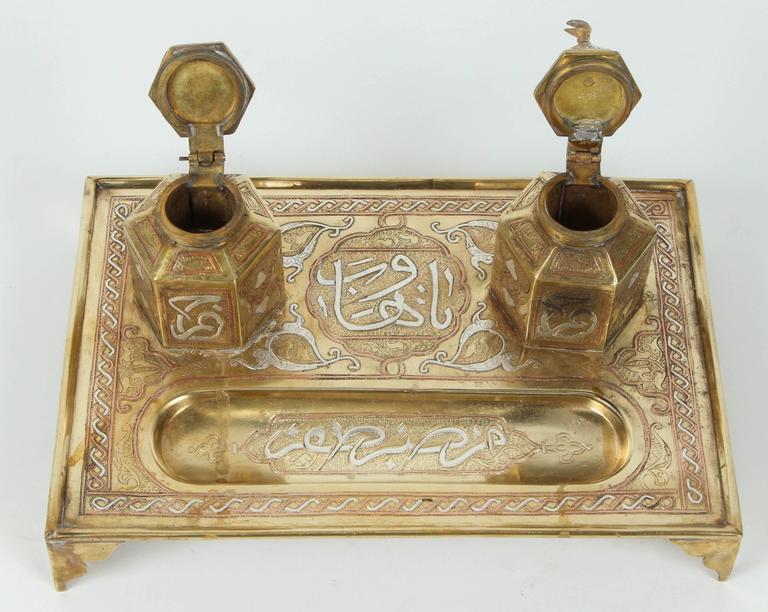 Polished Brass Islamic Moorish Style Desk Inkwells Set