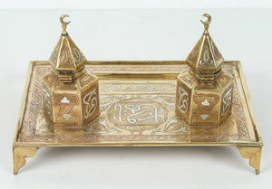 Polished Brass Islamic Moorish Style Desk Inkwells Set
