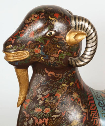Large Chinese Hand-Painted Wood Ram Sculpture with Zodiac Motifs