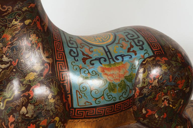 Large Chinese Hand-Painted Wood Ram Sculpture with Zodiac Motifs