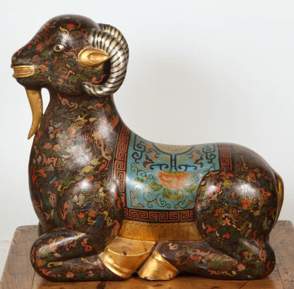 Large Chinese Hand-Painted Wood Ram Sculpture with Zodiac Motifs