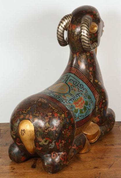 Large Chinese Hand-Painted Wood Ram Sculpture with Zodiac Motifs