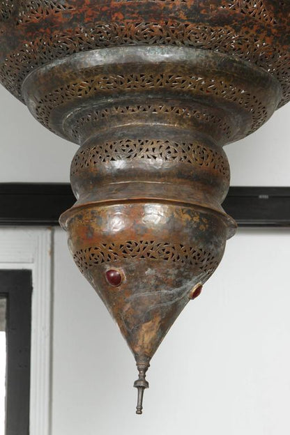 Moroccan Bronze Patina Chandelier, Hand-Hammered Moorish Design, 1940