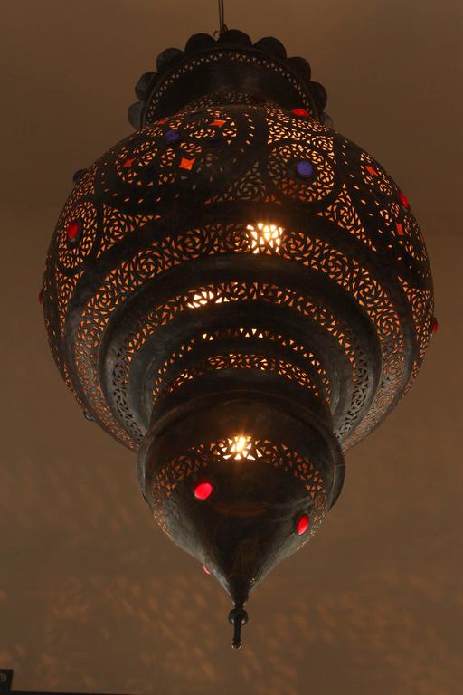 Moroccan Bronze Patina Chandelier, Hand-Hammered Moorish Design, 1940