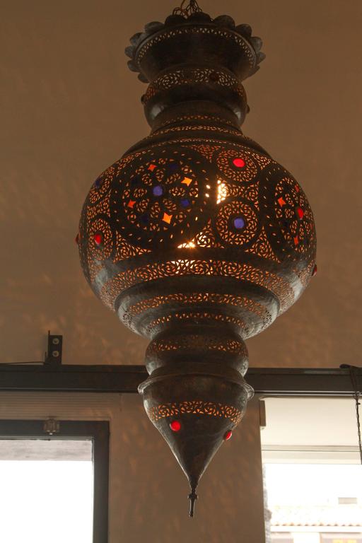Moroccan Bronze Patina Chandelier, Hand-Hammered Moorish Design, 1940