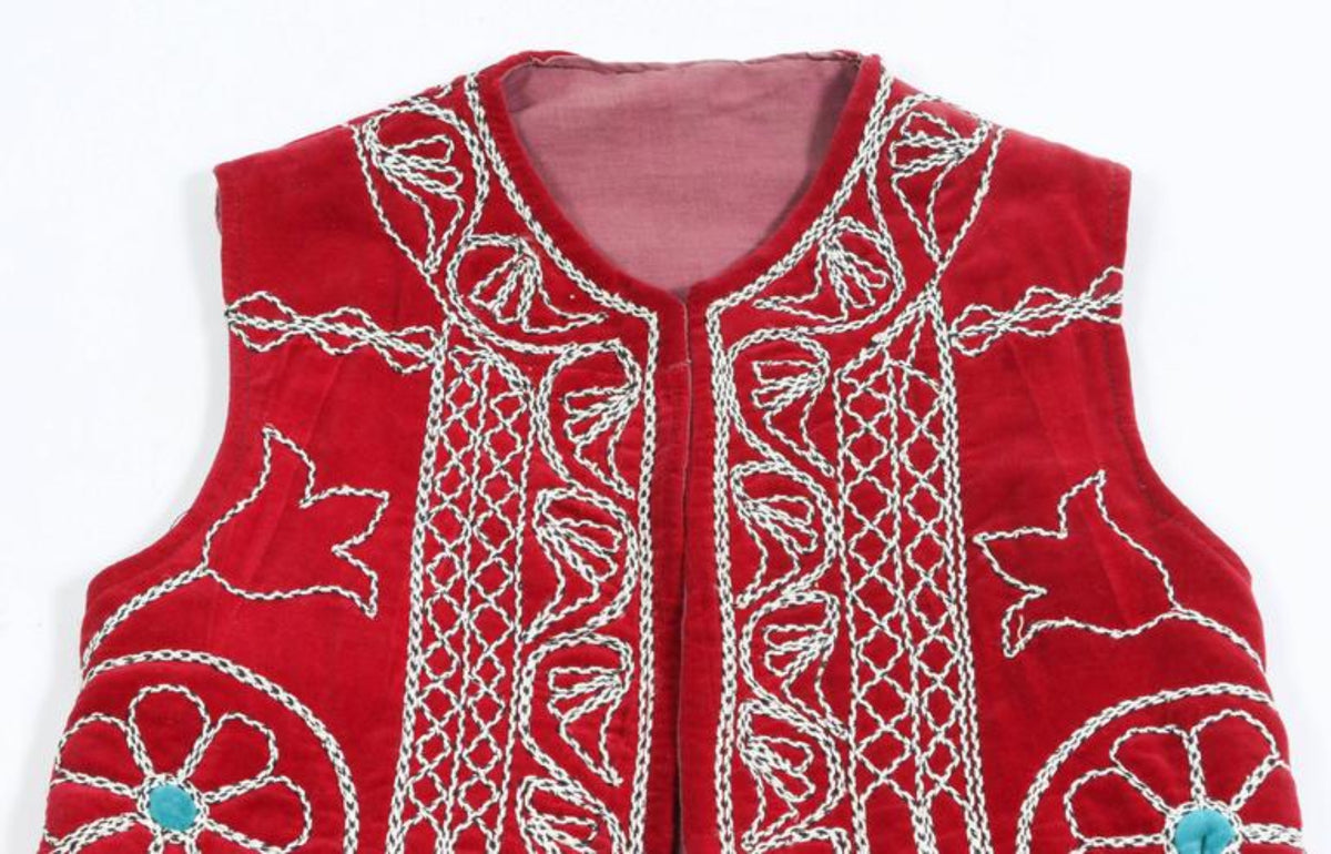 Turkish Folk Art Vest, Embroidered Velvet, Geometric Patterns, 1970