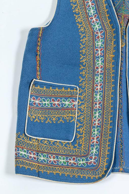 Authentic Ottoman Turkish Blue Cotton Vest, Embroidered, 1970