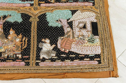 Asian Large Vintage Burmese Kalaga Beads Embroidered Tapestry