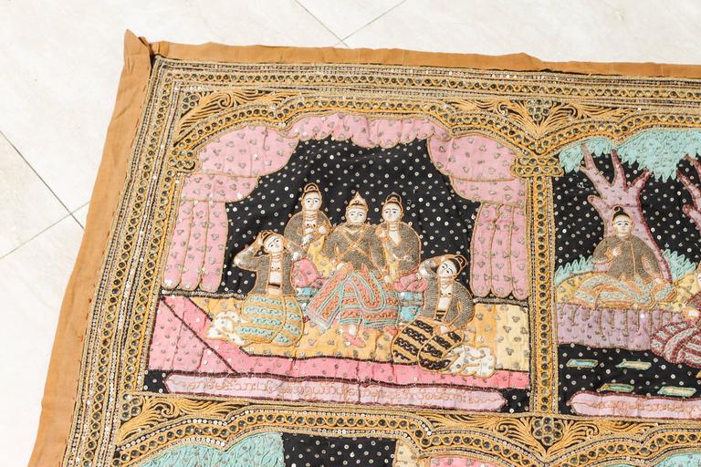 Asian Large Vintage Burmese Kalaga Beads Embroidered Tapestry