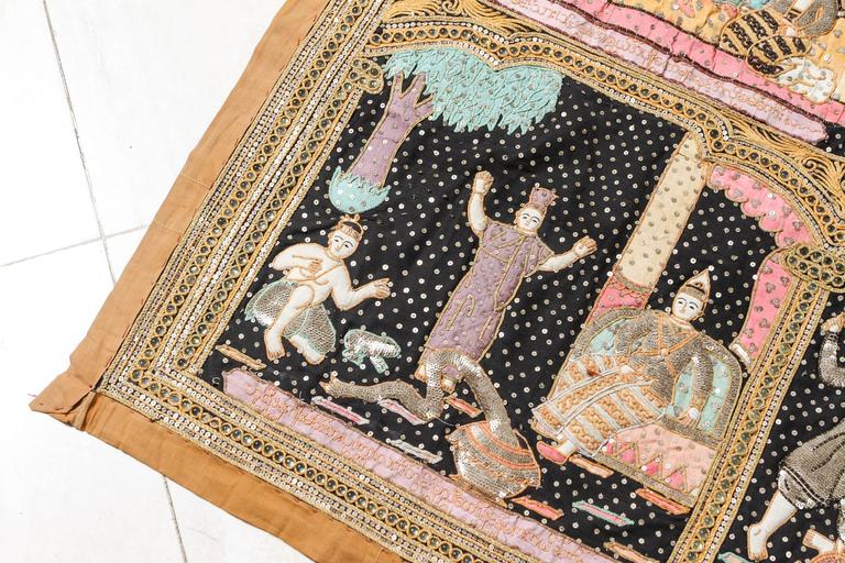 Asian Large Vintage Burmese Kalaga Beads Embroidered Tapestry